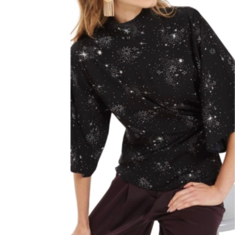 Topshop Black Gray Whimsical Origami Star Print Stand Collar Blouse Size 10